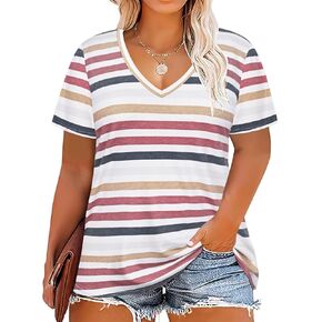 RITERA Womens Plus Size Tops Summer Short Sleeve Tunic Black and White Stripe Tshirt V Neck Blouse Henley Shirt Black 1X 14W 16W in Kuwait