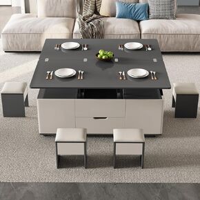 47.24" L Lift Top Coffee Table With 4 Stools, Rising Tabletop Work Center, Hidden Storage for Living Room, Space-Saving Sofa Low Table, Grey
