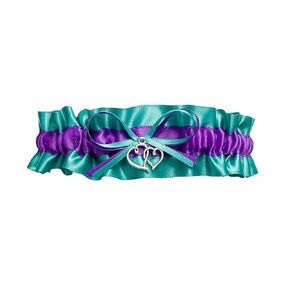 Teal Purple Satin Wedding Keepsake Bridal Prom Garter - Double Heart Charm