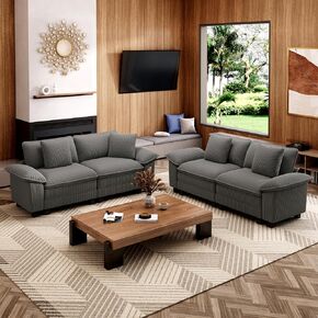 L-Shaped Cloud Modular Sofa Set with Chaise, Deep Seat 3-Piece Sectional & Removable Arms, Plush Corduroy for Living Room - Beige