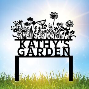 Personalized Flowers Garden Sign with Stakes, Custom Flowers Metal Garden Decor, Sign for Flower Beds, Metal Yard Art, Gift for Grandmother, Gift for Mom, Patio Garden Decorations, Housewarming Gift