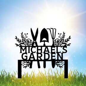 Custom Metal Garden Tools Sign with Stakes, Personalized Garden Name Sign, Yard Art, Patio Decorations, New Home Gift, Garden Decorative, Gardening Tools Sign for Outdoor, Large Housewarming Gift