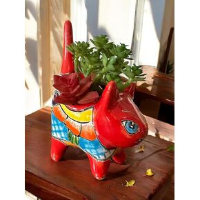 Mini Talavera Cat Succulent Planter with Pointed Tail | Handcrafted Mexican Pottery | 6"x4" Indoor & Outdoor Planter with Drainage Hole