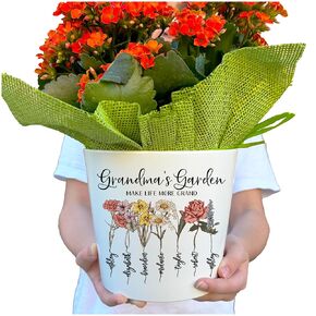 Personalized Grandma's Garden Plant Pot with Family Names Gifts for Grandmother, Customized Birth Flower Gift Idea for Mom, Gigi, Nana, Birthday & Mother's Day, Custom Planter Pots