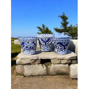 Set of 3 Large Talavera Planter Pots - Hand-Painted Blue & White Mexican Pottery with Drainage Holes 10"-9"-8" Pots