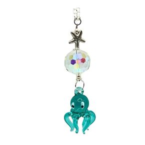 Turquoise Octopus with Crystal Ball and Silver Starfish Charm, Ocean Theme Sun Catcher, Rear View Mirror Suncatcher, Easter Gifts