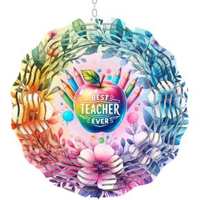 Best Teacher Ever Wind Spinner, 3D Rainbow Floral Design, Metal Garden Decoration with Apple and Pencils