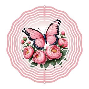 Pink Butterfly and Peony Wind Spinner, 8 inch, Aluminum Garden Decor