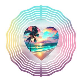 Heart-Shaped Beach Sunset Wind Spinner, 8 inch, Aluminum Metal, Rainbow Holographic Design