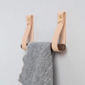 KEYAIIRA - Leather & Wood Hand Towel Rail Kit, Towel Holder Bathroom, Kitchen, RV, Kit Includes Leather Strap Hook, Walnut or Birch Dowel, Gold/Brass Hardware, Simple Design, Small Space Organization
