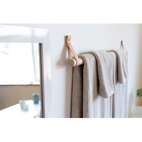 KEYAIIRA - Leather & Wood Hand Towel Rail Kit, Towel Holder Bathroom, Kitchen, RV, Kit Includes Leather Strap Hook, Walnut or Birch Dowel, Gold/Brass Hardware, Simple Design, Small Space Organization