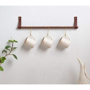 KEYAIIRA - Leather Hanging Towel Holder Kit - brass hand towel rail for bath kitchen & laundry room hanging coffee mug wood rack mop and broom storage