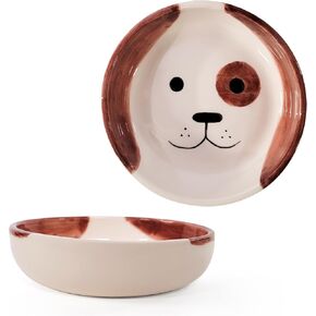 Handmade Ceramic Dog Bowl, Dog Face Design, Lead-Free, Non-Skid Bottom, Dishwasher Safe, Food Dish for Puppies and Large Dogs (Shallow)