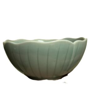 Decorative Ceramic Serving Bowl, Sage Green, Scalloped Edge, Fluted Design