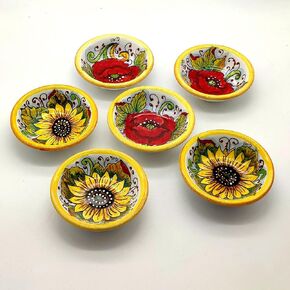 6x Ceramic Small Bowls for appetizer - Italian dinnerware peanuts bowls - Sunflower - Hand painted Tuscan pottery bowls - Made in Italy plates - Ceramics Olives tuscany soul Dishes