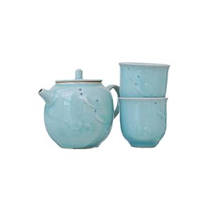 Ceramic Tea Set with Teapot and 2 Cups, Mint Green, Traditional Style