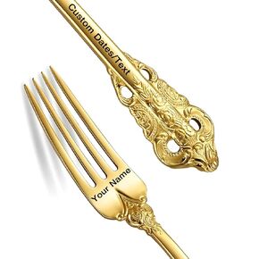 Personalized Vintage Wedding Fork, Custom Luxury Dinner Forks Engraved with Name/Date, Customized Antique Baroque GOLD Fork Gifts for Dessert Salad Cake Party Favors Engagements Couples