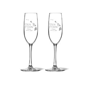 Hawaiian Wedding Islands Personalized Champagne Flutes - Wedding Gift, Couples Gift, Hawaii Wedding, Island, Maui, Oahu Wedding (Hawaiian Islands, Flutes W/Keepsake Box, Standard Stem)