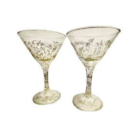 Pair Martini Glasses Hand Etched with Floral Design and Gold-tone Finish