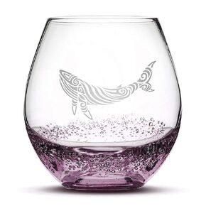 Integrity Bottles Tribal Whale Design Stemless Wine Glass, Handmade, Handblown, Hand Etched Gifts, Sand Carved, 18oz (Bubble Purple)