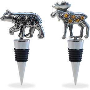 Puzzled Reusable Black Bear & Moose Wine Stopper, 5" Metal Champagne Sealer Elegant Cork Airtight Plug Inserts Strong Grip Leak-Proof Beer Beverage Bottle Toppers Wildlife Themed Bar Tool & Accessory