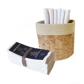 Premium Reusable Paper Towels & Reversible Basket - Cotton - American Made - Absorbent, Durable, Machine Washable (Reversible Orange Batik & Cork Leather Basket, 6 White Cloths)