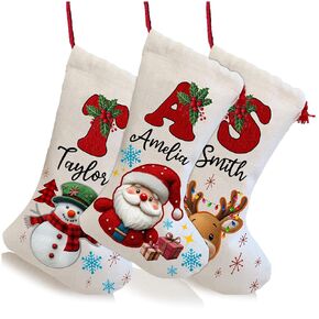 Personalized Christmas Stocking with Name & Initial - Custom Stockings - Choose Santa, Snowman, Reindeer, or Penguin Design - Christmas Decorations Gift Bag for Family & Friends