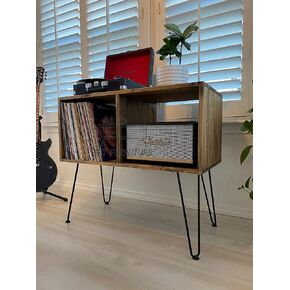 MCM Record Player Stand Table مع أرجل دبوس الشعر المعدنية للسجلات الحديثة (الجوز المظلم)