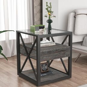 Modern Industrial End Table with Drawer | Rustic Wood Grain MDF & Tempered Glass Top | Nightstand for Bedroom & Living Room