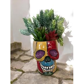 Handmade Mexican Clay Skull Planter with Bright Colors | 4x3 Inch Planter with Drainage Hole | Perfect for Succulents | Unique Mexican Pottery Garden Decor | Indoor & Outdoor Use | No Succulents Inclu