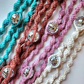 Handmade Macrame Disco Ball Plant Hanger, Retro Planter Holder for Home Décor, Boho Gift for Plant Moms, Cotton Plant Accessory that dazzles (Vanilla White)