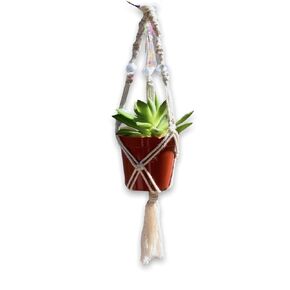 Mini Boho Macrame Plant Hanger, Small Minimalist Plant Lover Home Decor, Crystal Suncatcher For Car, Auto Rearview Mirror Accessories, Succulent Housewarming Gift