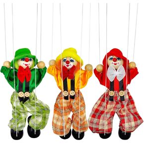3Pack Wooden Marionette Puppets Clown Pull String Puppets Movable Hands and Feet,Include 6 Colors Clown Doll Interactive Toy for Birthday Theater Pretend Play Puppetry Party (3)