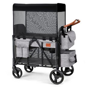 Wagon Stroller for 2 Kids, High Seat & 5 Point Harness, Foldable All-Terrain Wagon for Toddler with Canopy, Parent Organizer, Shoulder Bag, Adjustable Handlebar, Ultimate Double (Black)