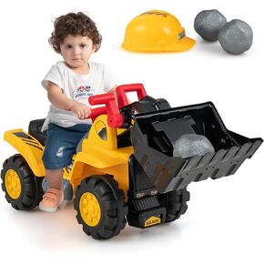 Costzon 2-in-1 Ride on Excavator Bulldozer, 6V Electric Excavator Ride on Toy with 3 Balls & Basketball Hoop, Adjustable Bucket, Ride on Construction Vehicles for Kids, Push Car Gift for Boys Girls