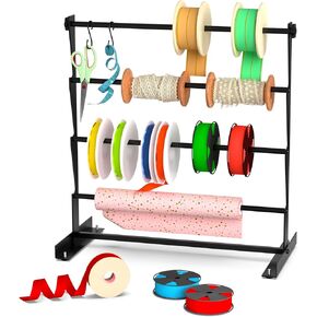 Ribbon Organizer, Metal Ribbon Holder Storage Rack with Activity Hooks, 4 Tier Ribbon Spool Holder for Craft Room Sewing Thread Mesh Ribbon Wreath Washi Tape, Florist Arts Wrapping Gift