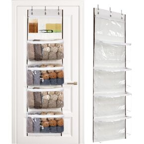 LoforHoney Home Yarn Storage, Hanging Yarn Storage Organizer with 5 Zipper Closure Compartments, Over the Door Yarn Storage Bag for Crochet Hooks and Yarn Balls, Clear Hanging Yarn Holder with 3 Hooks