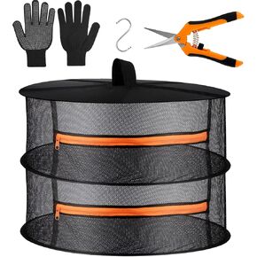 Desy & Feeci Herb Drying Rack- 4 Layer Folding Mesh Hanging Basket Dryer Net with Orange Zippers for Seeds Flowers Buds Plants Garden Outdoor Bumper Harvest(D24xH31 inch)