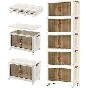 Folding Storage Cabinet - 5-Tier Folding Storage Bins Closet Organizers,Space-Saving Room Containers with Front Opening Doors for Sweaters, Toys, Books, Jeans