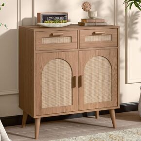 Vabches Kitchen Storage Cabinet with Barn Door, Rattan Sideboard Buffet with Storage Drawers, Rattan Kitchen Cabinet with Drawers for Dining Room, Living Room, EntryWay