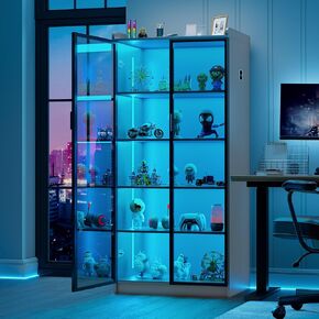 Lvifur 65" Display Cabinet with Lights, 5 Tier Curio Cabinets Bookcase with Adjustable Shelves, Tall Storage China-Cabinet with Human Body Induction for Living Room (Grey)