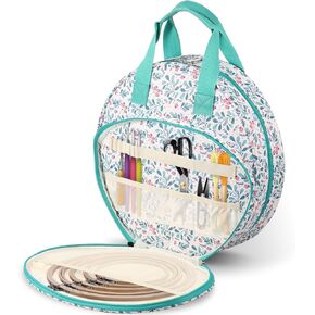 Embroidery Project Bag, Embroidery Supplies Storage Carrying Tote Case with Multiple Pockets and Handle, Cross Stitch Bag, Double Layer Round Embroidery Project Bag for Floss Hoops Thread (Lake Blove)