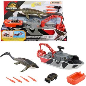 Matchbox Toy Car Playset, Jurassic World 12.5" Dino Boat with 13" Mosasaurus Dinosaur, 1:64 Die-Cast Jeep, Harpoon Missiles & Detachable Rescue Boat