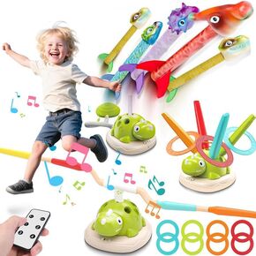Aliex 3-in-1 Dinosaur Musical Jumping, Toss Ring and Stomping Launch Rocket Launcher with 4 Dino Rockets,Remote Control Indoor Outdoor Sports Toy for Kids Ages 3-5 Birthday Gifts for Boys Girls 4-6