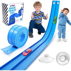 Flexible Race Track Toys for Kids: 15 Ft Flex Race Car Ramp Track with Suction Cups - Rolls Up Portable DIY Racetrack Compatible with Diecast 1/64th Cars Model - Birthday Gifts for Boys Girls Ages 3+
