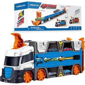 𝗫𝗔𝗪𝗔𝗖𝗔𝗛 Toy Transporter Carrier Truck for Kids 3-5 Years Old, Foldable Truck Race Track with 6 Ejection Cars, Catapulting and Shooting Carrier Car Toy for Boys Girls Age 3 4 5 6 Years