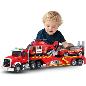 Toddler Boy Toys for 3 4 5 6 7 Years Kids, 21" Semi Flatbed Truck Toy with a Dinosaure Truck, Friction Powered Vehicles Toys with Lights and Sounds, Birthday for Boy Girls