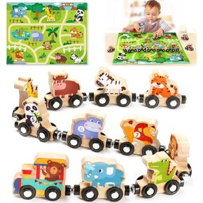 Montessori Toys for 1 2 3 Year Old Boys, Toddler Toy 2-3 Years Girls Boy Gifts Magnetic Wooden Train Kids Toys for Ages 2-4 Preschool Learning Activities Farm Animals with Track Mat