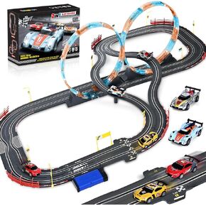 Slot Car Race Track Sets with 4 Slot Cars, 2 in 1 Electric Race Cars Track ,Battery or Electric Car Tracks,Dual Racing Game Lap Counter Circular Overpass Track, Gift Toy for Boys Kids Ages 6 7 8-12