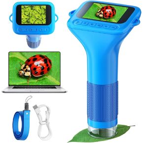 المجهر للأطفال الذين لديهم 12 شريحة ، 100x-1000x 1080p مجهر الأطفال الرقمي المحمولة ، Mini Pocket Miniscope Science Toys For 3+ 4 5 6 7 8 9 10 11 12 SENE BOYS ، Blue ، Blue